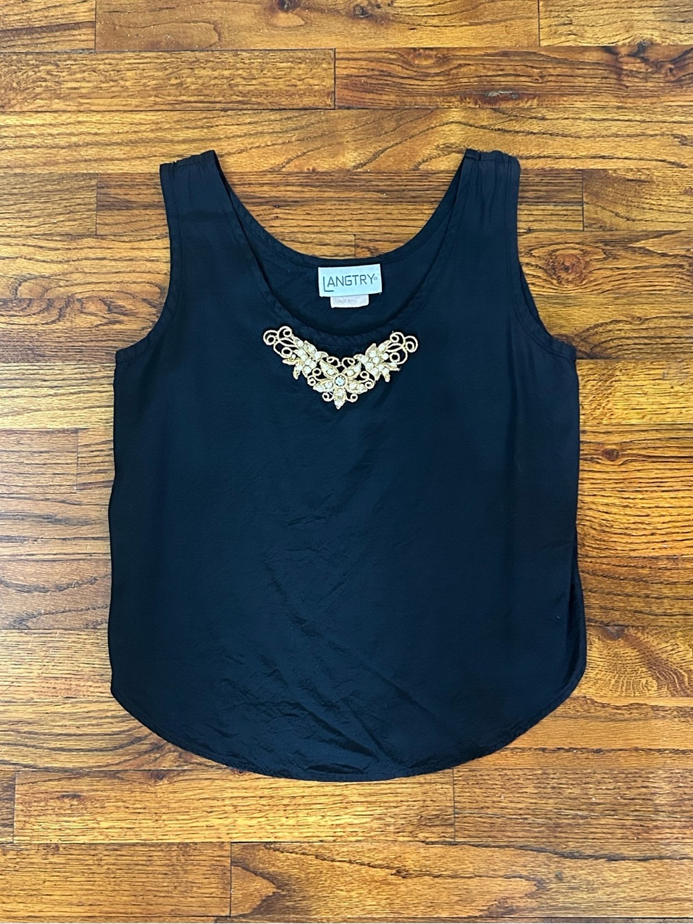 Langtry Dressy Black Tank Top Blouse w/ Gold & Pearl Embellishment
Camisole
Ladi